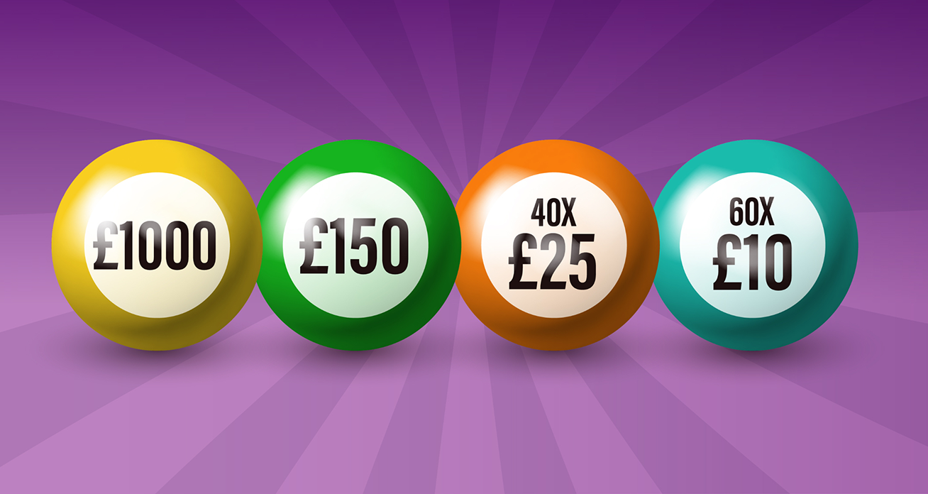 Lottery prize balls showing £1000, £150, £25 and £10 prizes