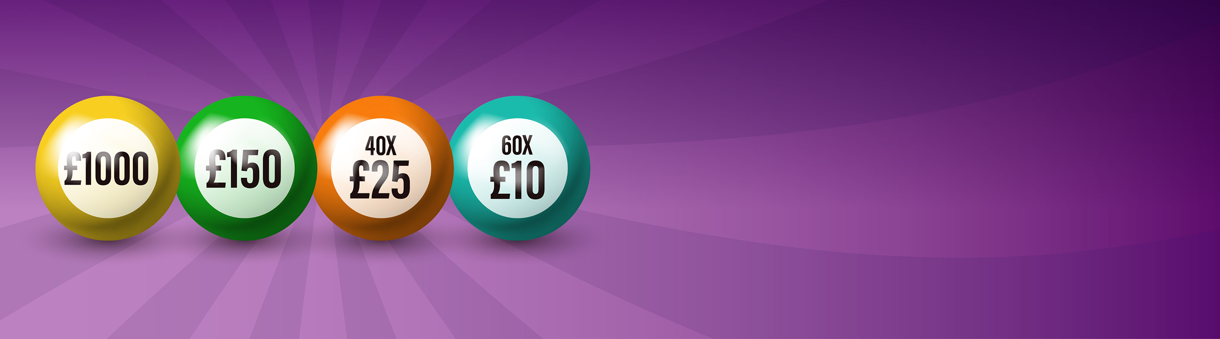 Lottery prize balls showing £1000, £150, £25 and £10 prizes